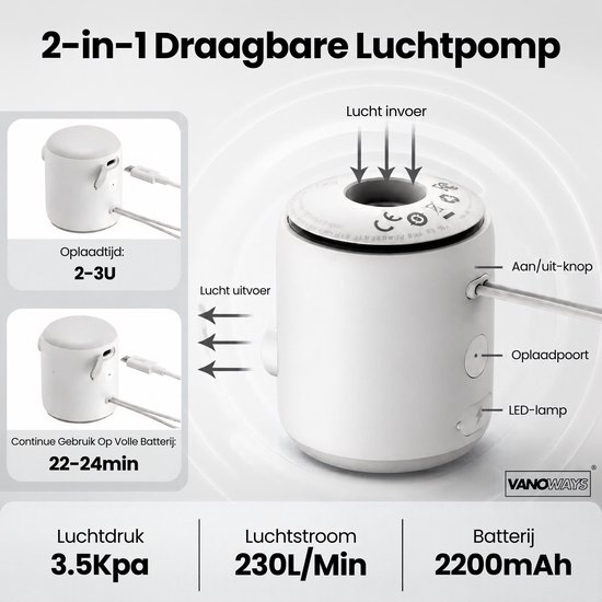 Elektrische Luchtpomp – Vanoways – Luchtbed Pomp Oplaadbaar – Zwembad – LED Licht - zwart — afbeelding 3