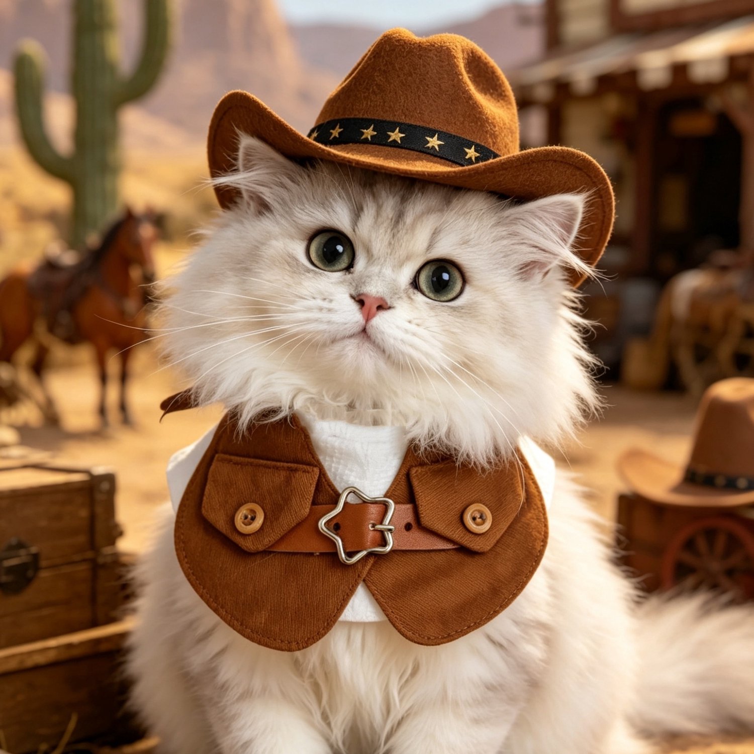 Hetty'S - Cowboy hoedje en vest - voor honden en katten - Bruine en witte stof - Maat M -