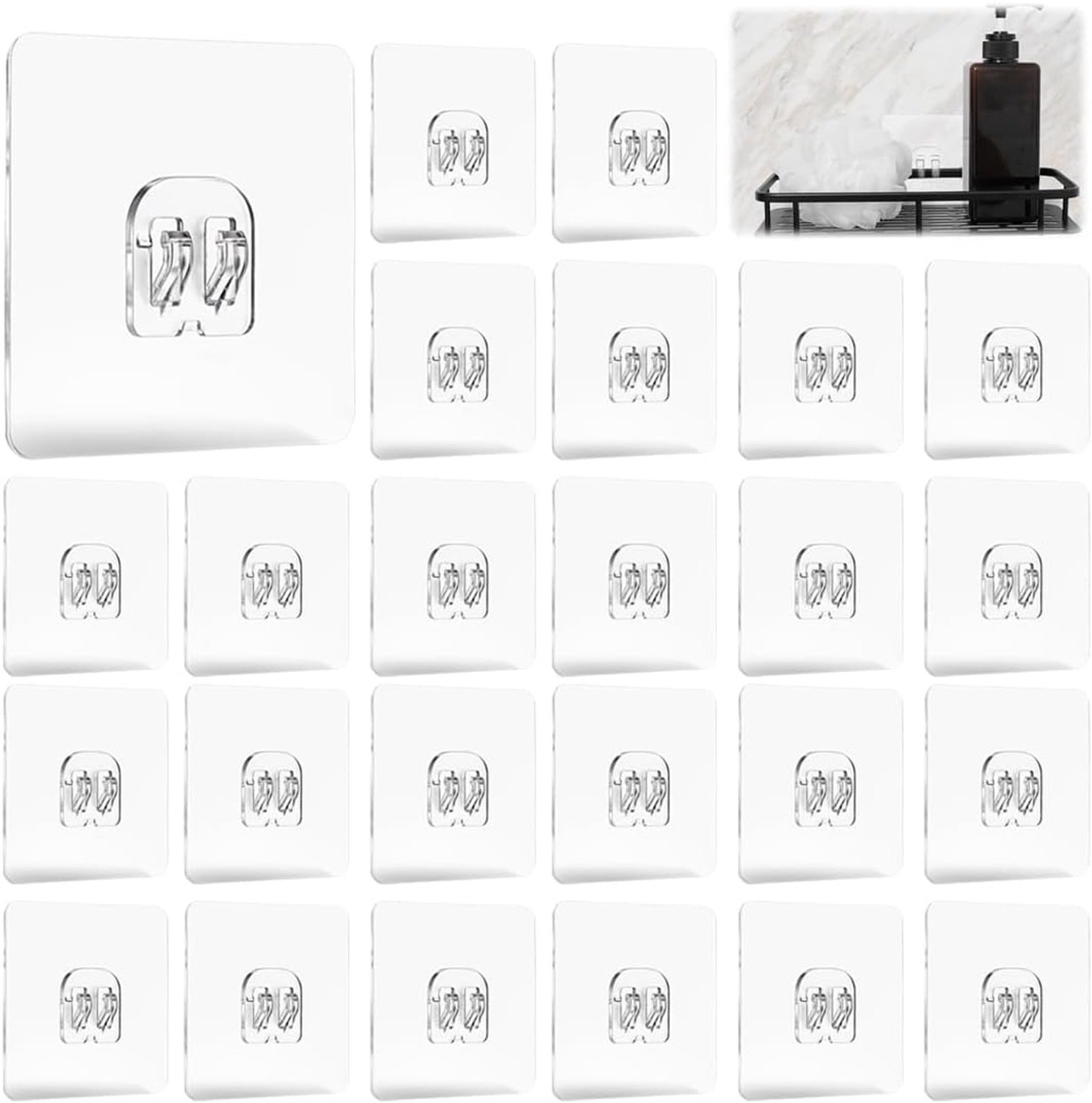 Pack of 25 Self Adhesive Hooks for Shower Shelves, 7 x 7 cm, Double Hooks, Self-Adhesive, No Drilling, Transparent - ShopVlot