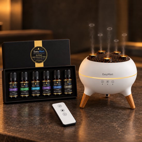 Witte EasyMart aromadiffuser met houten pootjes en een set van 6 etherische oliën inclusief afstandsbediening.