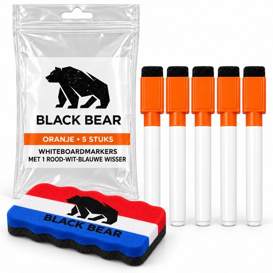 Set van 5 oranje whiteboardmarkers in verpakking met rood-wit-blauwe wisser.