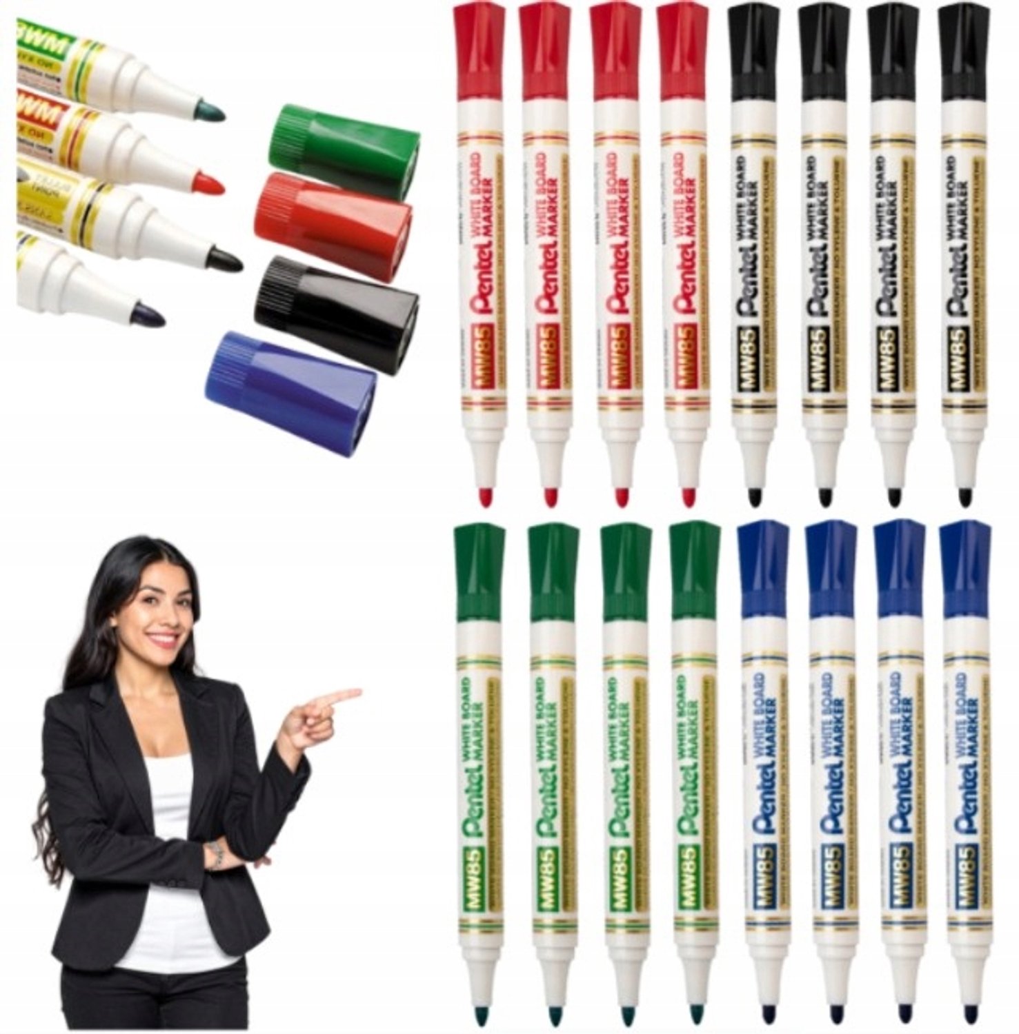 Pentel MW85 Whiteboard Markers Set - 16 Stuks, 4 Kleuren