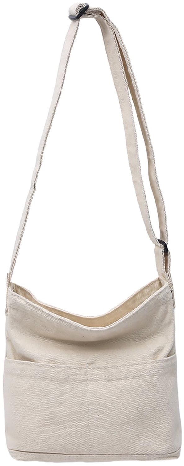 Boziee Canvas schoudertas, kleine schoudertas voor dames en heren, vrije tijd, dagelijks gebruik, reizen, Wit, Medium - ShopVlot