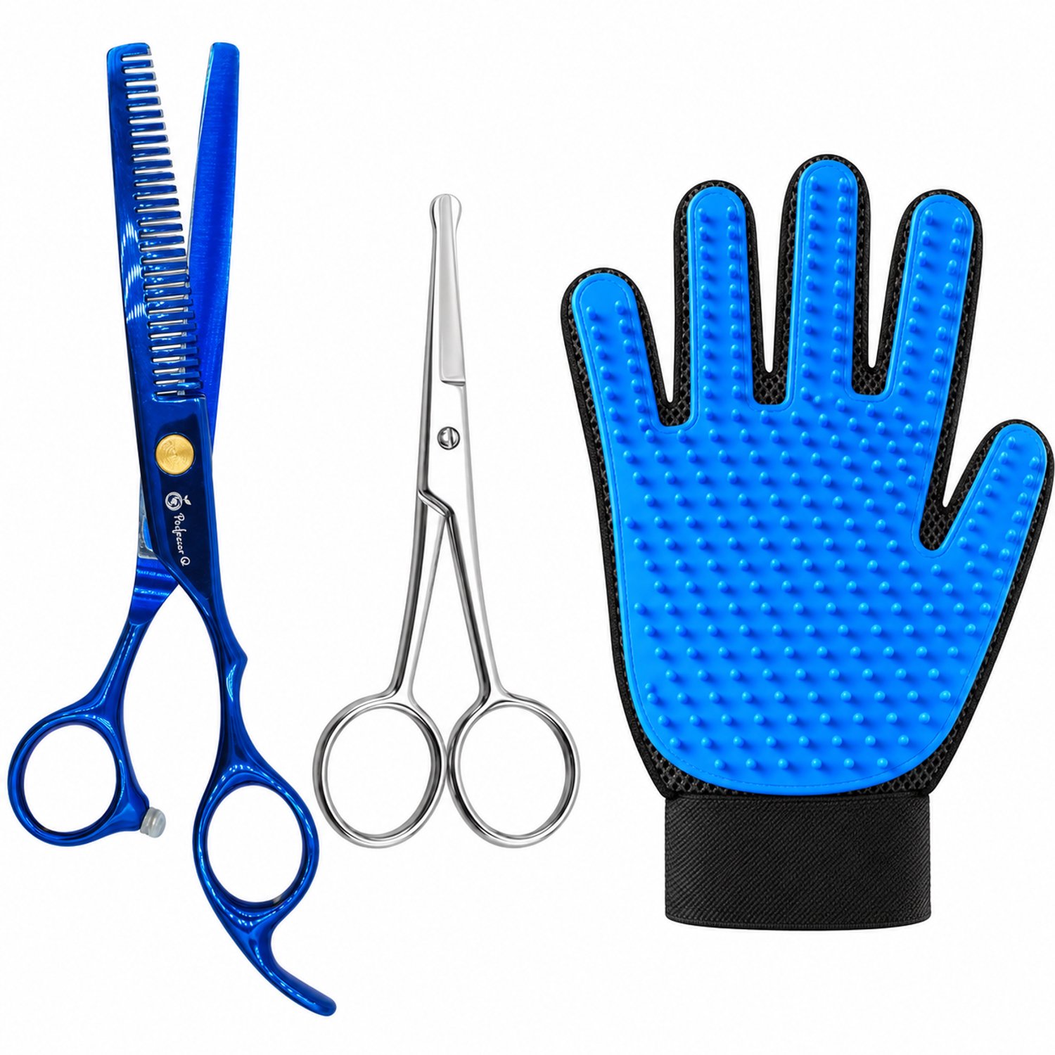 Professor Q Hondentrimset - Effileerschaar Blauw - Potenschaar Zilver en Vachthandschoen Blauw - 3-delig