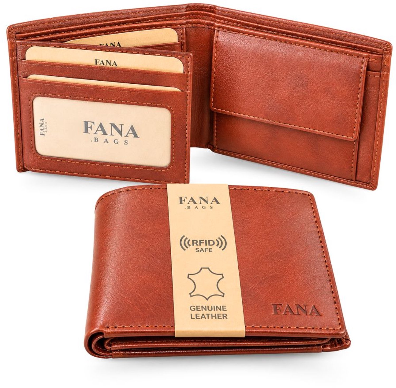 Fana Bags® Heren Portemonnee Leer Cognac - RFID - Compacte Portemonnee Heren - Leren Portemonnees - Portefeuille Heren - Billfold - Cadeau Mannen