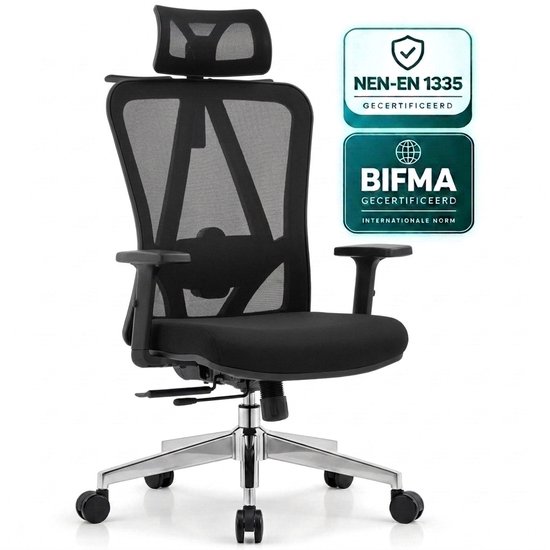 Zwarte ergonomische bureaustoel met mesh rugleuning, hoofdsteun, zilverkleurig onderstel en NEN-EN 1335/BIFMA certificaat.