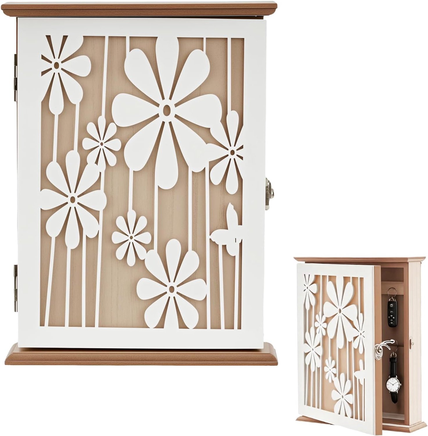 SnelShoppen - Elegante Houten Sleutelkast Met 6 Haken, Vintage Daisy Design 26x20x6cm, Perfect Voor Entree, Woonkamer, Opslag Sleutels En Kleine Spull
