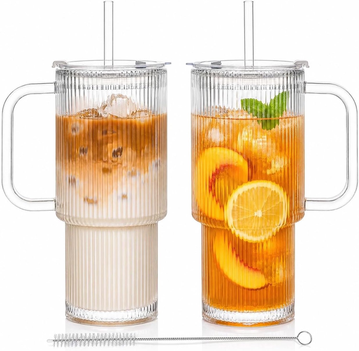 SnelShoppen - 750 ml Ribbed Glass Cups met Deksel en Rietje - Dikke Glazen Iced Coffee Bekers, Ideaal voor Matcha, Latte, Sappen - Set van 2 Stuks