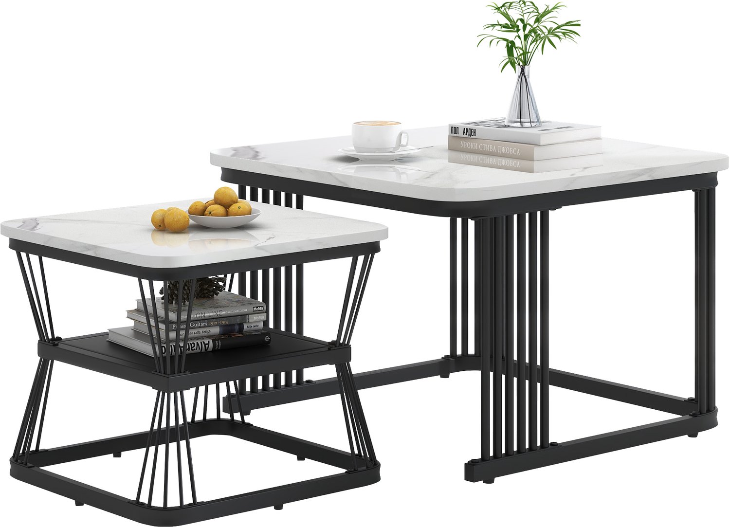 SONNENH Salontafelset van2 - MDF met marmerlook en stalen frame - 65 en45 cm - Wit en zwart