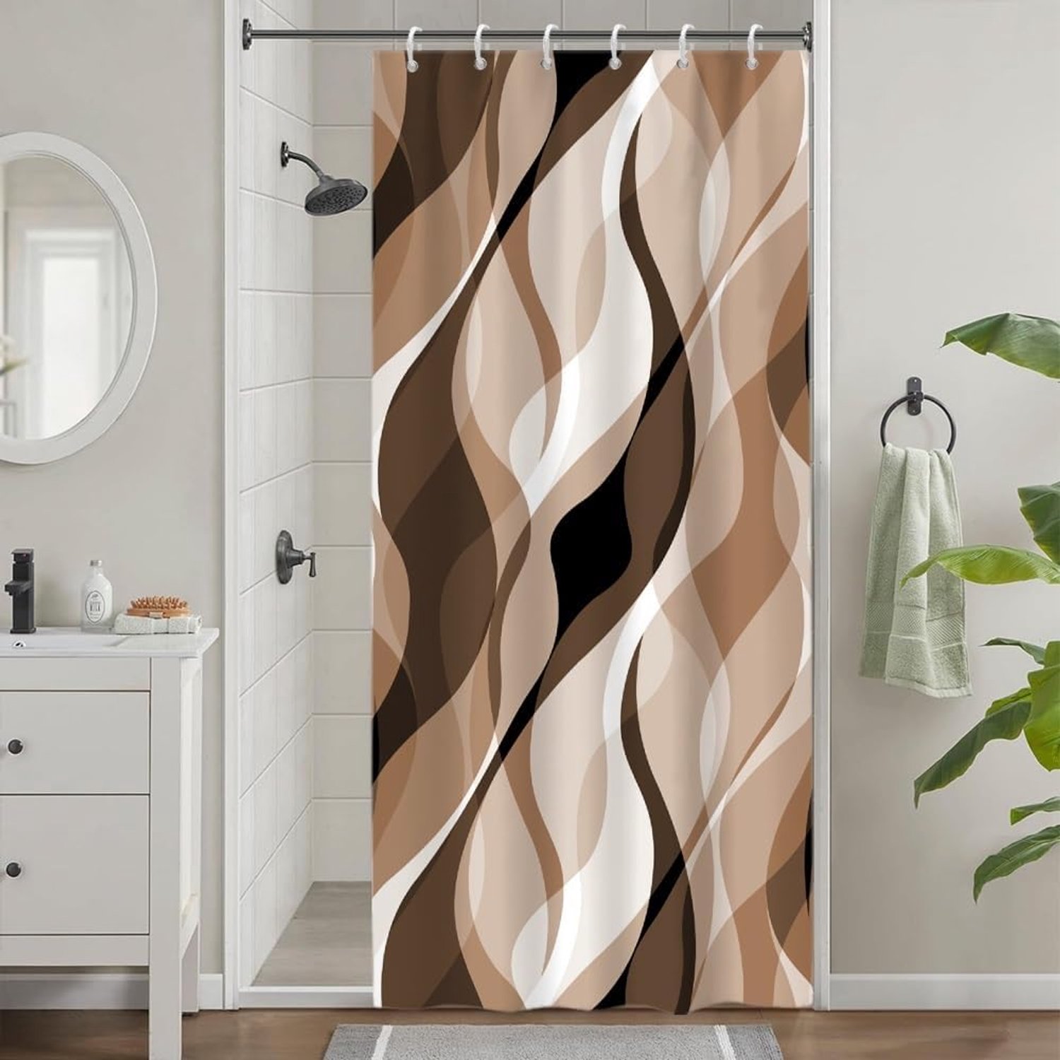 Douchegordijn Bruin Abstract Geometrisch Patroon Schimmelbestendig Waterdicht Polyester Wasbaar met 6 Haken 90 x 180 cm - Vemera
