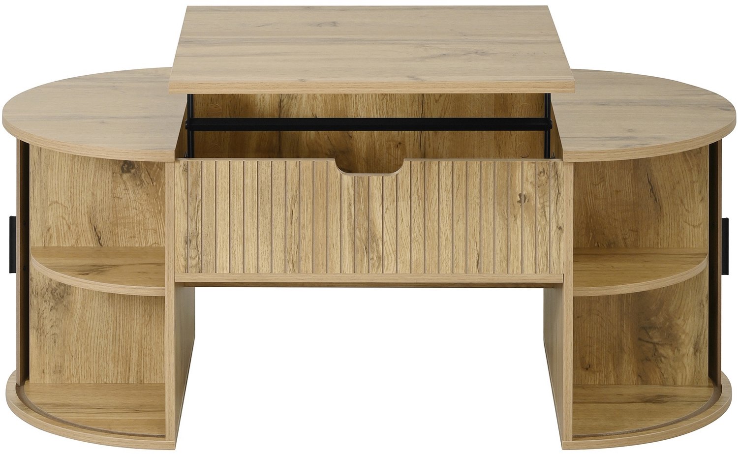 SONNENH Ovale lift-up salontafel met geribde schuifdeuren en zijvakken - MDF - 100 cm - Eikenhoutlook