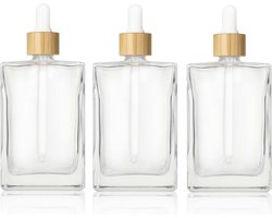 COSIDEA 3 stks lege 3,4 oz / 100 ml lege heldere platte glazen druppelflessen druppelaars voor oliën bamboe dop - Luxento