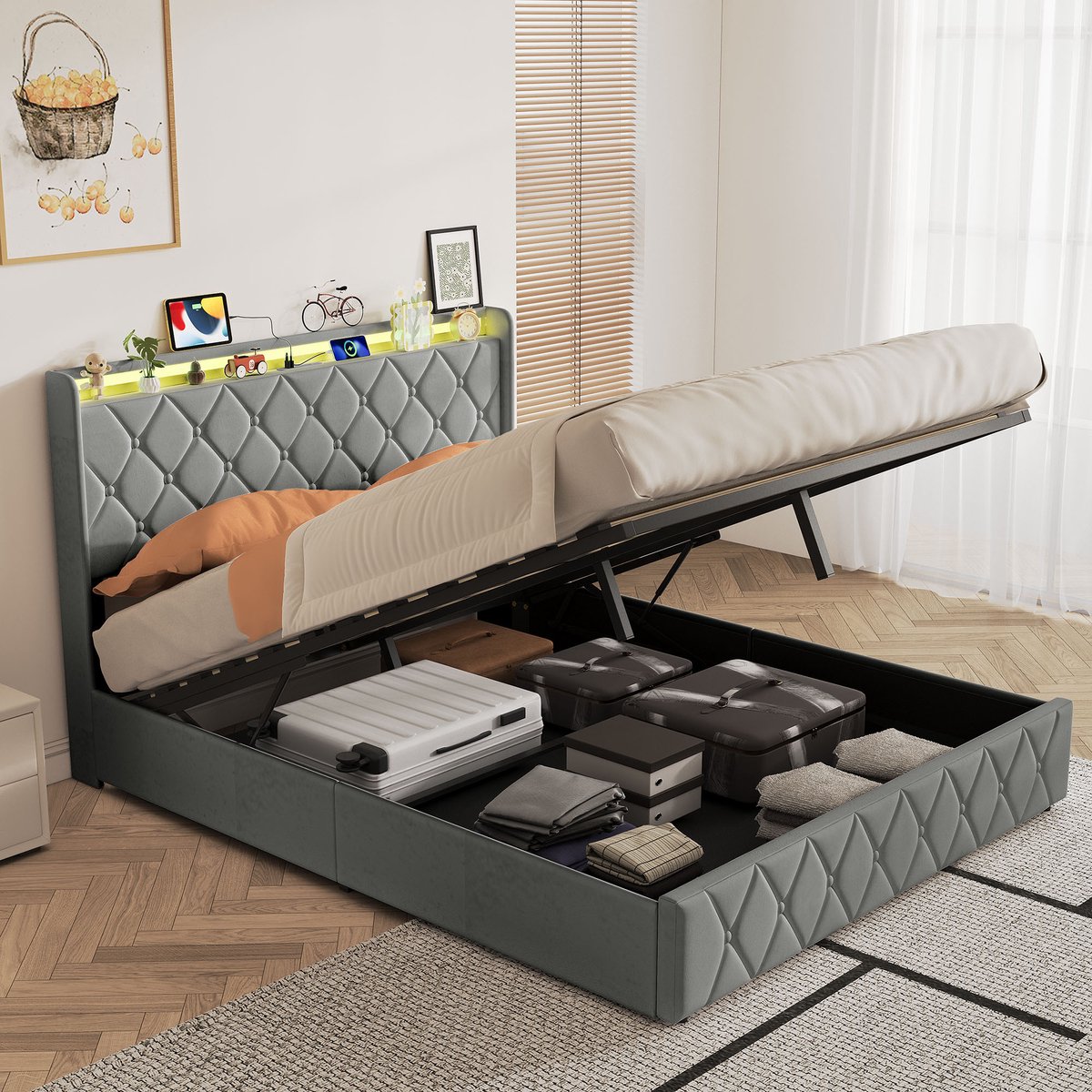 Tweepersoons opbergbed 160x200 cm donkergrijs fluweel met RGB LED, USB-A/C en hydraulisch hefmechanisme