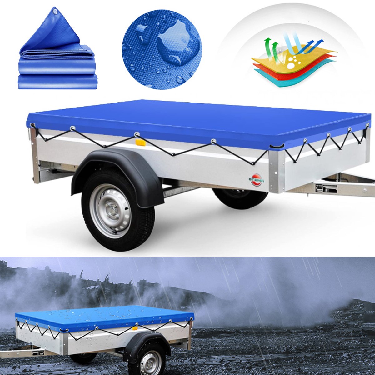 600D Oxford Aanhangerzeil - Waterdicht En UV-Bestendig, Bestand Tegen -25 °C, Versterkte Rand Van 50 mm, Bevestigingsogen En Touw Inbegrepen - 209 x 134 cm