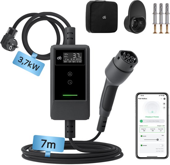 Zwarte mobiele EV-lader met 7 meter kabel, Schuko stekker, LCD-scherm en '3,7kW' en '7m' indicaties. App-weergave toont opladen.