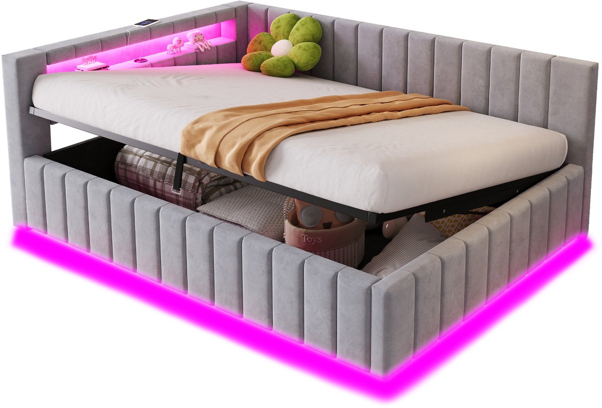 Opbergbed - Gestoffeerd Bed Lichtgrijs - Met LED Verlichting - USB Aansluiting - Hydraulische Veer - Slaapkamer - 140x200 cm - Lichtgrijs
