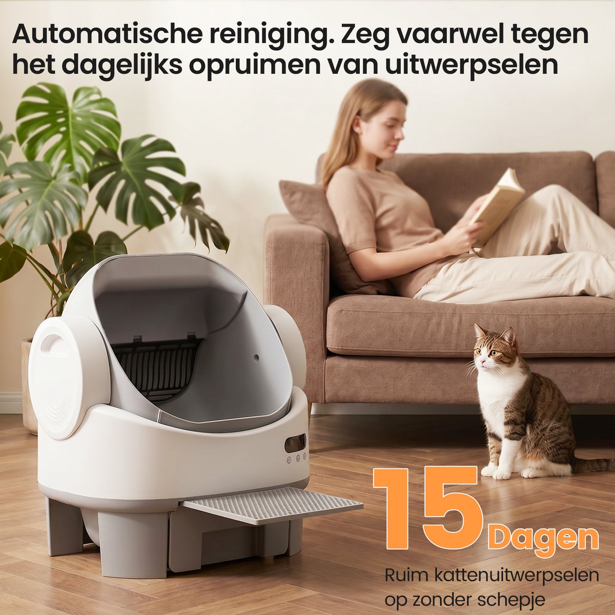 Devoko automatische kattenbak – XXL kattenbak met open en ruim ontwerp, groot 12L opvangreservoir voor kattenbakkorrels, app-bediening op afstand, 8 veiligheidssensoren, voor meerdere katten thumbnail 4