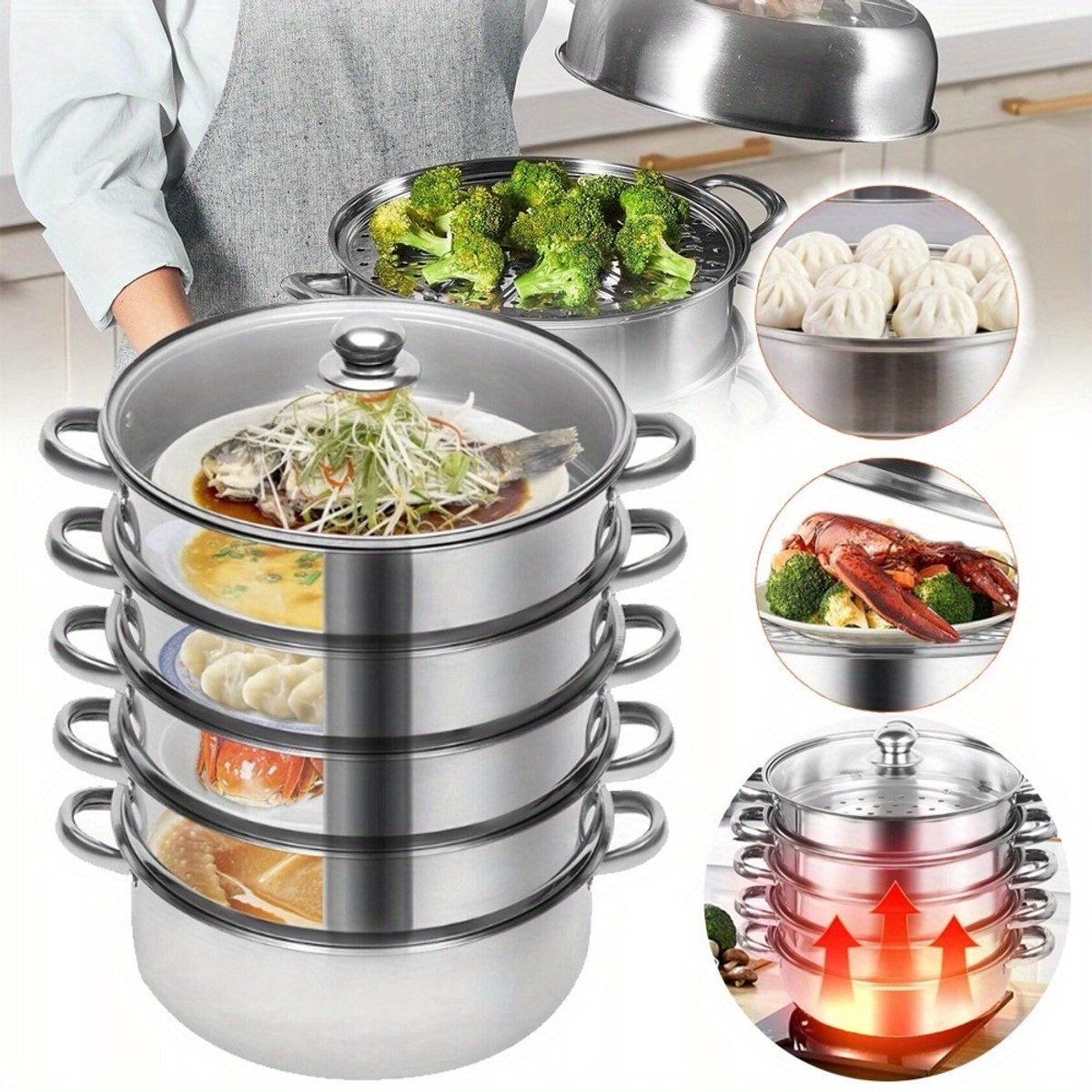 Roestvrijstalen Stoompan 30 cm - 5 Verdiepingen, Multifunctionele Stoomkoker Voor Dumplings, Groenten En Soep, Inclusief Deksel - Geschikt Voor Gas En Inductie