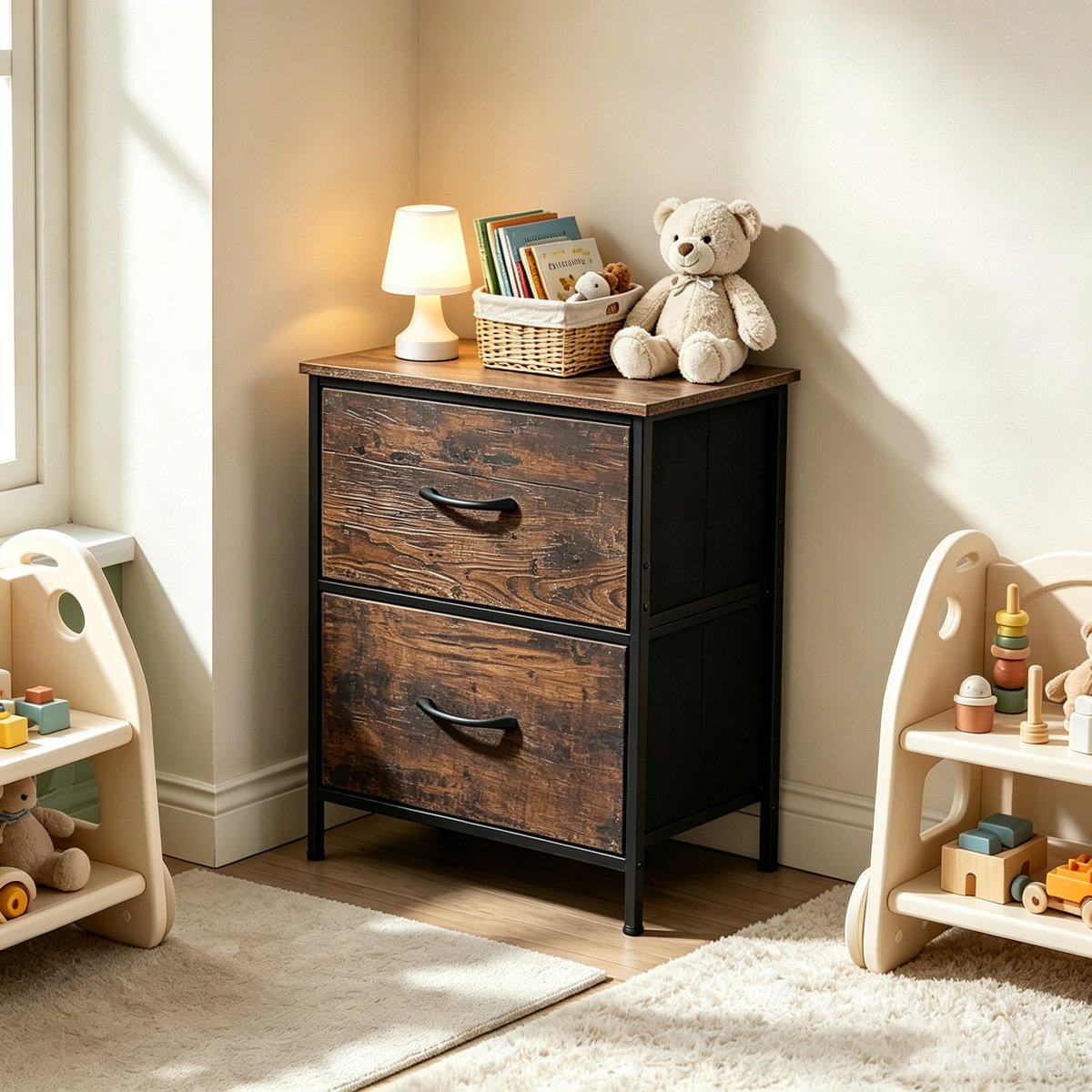 Opbergkast 2 lades staal frame opbergmeubel houtlook stof lades kast 45 x 30 x51 cm dressoir voor slaapkamer woonkamer antikantel ontwerp