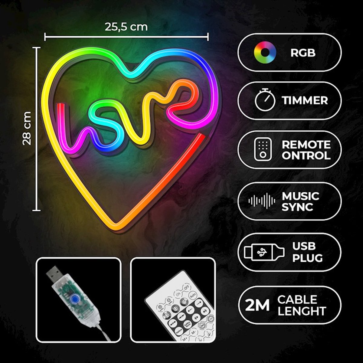 Forever Light FLRN02 RGB LOVE IN HEART Neon – LED Hart met Afstandsbediening