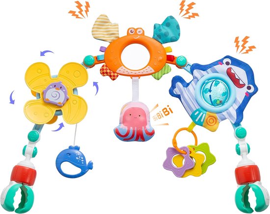 Baby mobiel met vrolijke zeedieren, waaronder een krab met spiegel en haai met bal.