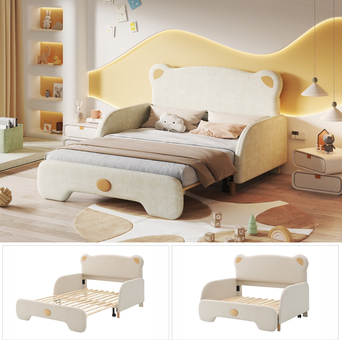 MUVANO Kinderbed In De Vorm Van Een Beer - Gestoffeerd Bed - Uitschuifbed Met Lattenbodem - 140x200 cm - Slaapkamer En Logeerkamer - Beige