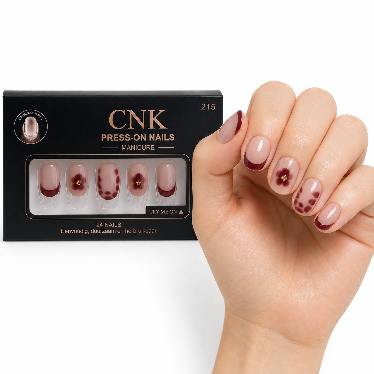 CNK 215 Press On Nails - Plaknagels - 24 Kunstnagels met Nagellijm, 24 Zelfklevende Plakstickers, Cleaner Wipe, Nagelvijl, Woodstick & Size Matcher - Nepnagels voor 7-14 Dagen - Herbruikbare Press-On Nagels - Starterspakket voor Manicure & Nail Art