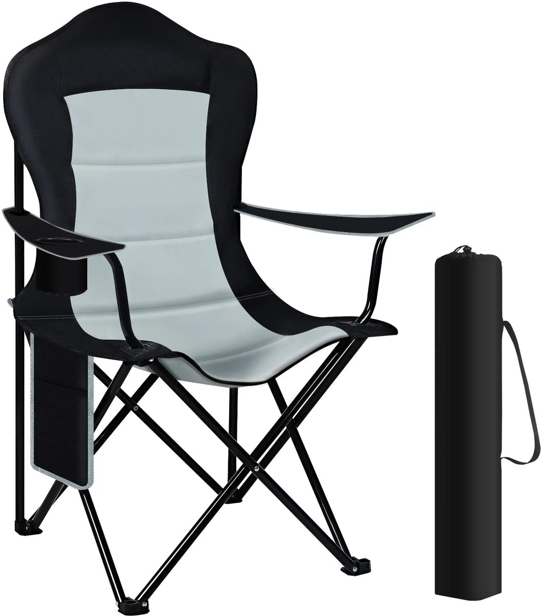 Klarven® Campingstoel Lichtgrijs - Opvouwbare Campingstoel - Campingstoelen - Camping Chair - Inklapbare Kampeerstoel - Draagvermogen 150 kg, Met Bekerhouder En Zijvak - B84xd62xh110cm