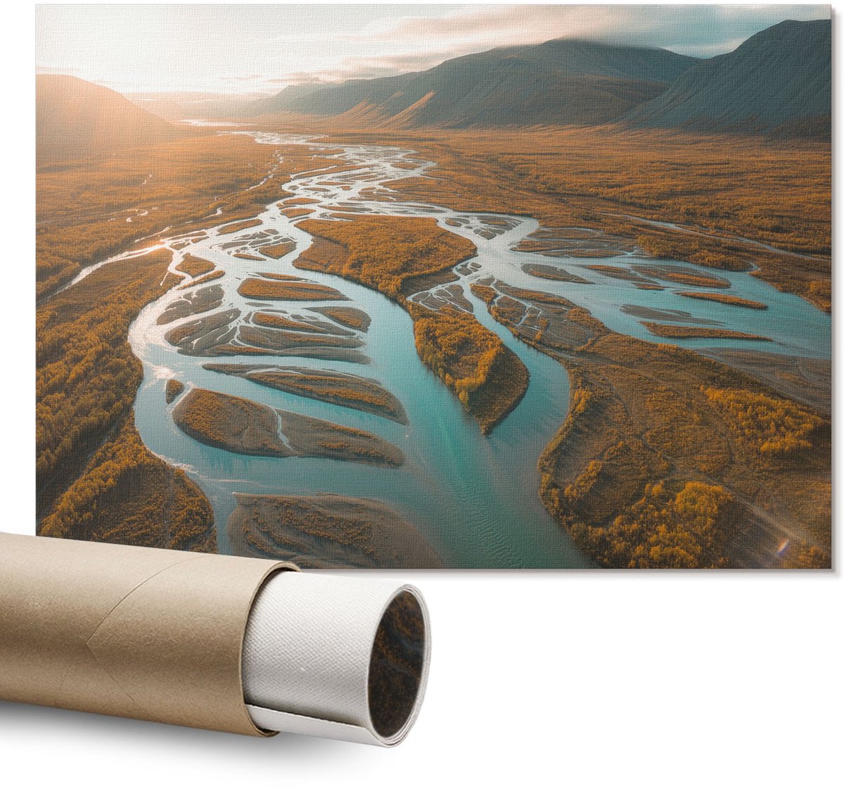 Coloray Polycanvas Wandposter – Zonsondergang, Turkoois – A1 – Bruin Wanddecoratie – Rechthoek – Muurdecoratie – Slaapkamer – Rustiek