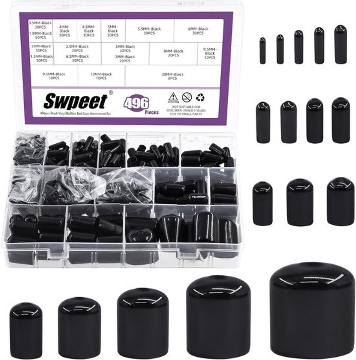 Eindkappen Assortiment - Rubberen Doppen - Bescherming Schroeven - 312 Stuks 9 Maten - 2mm Tot 20mm - Rood en Zwart