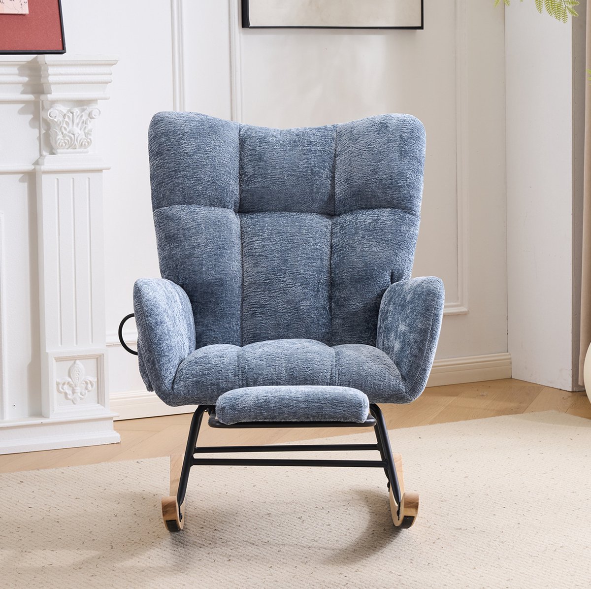 OKWISH Schommelstoel 63 x 92 x 89 cm - Hoge Rugleuning Met Voetsteun En Armleuningen - Voor Woonkamer Of Babykamer - Chenille - Blauw