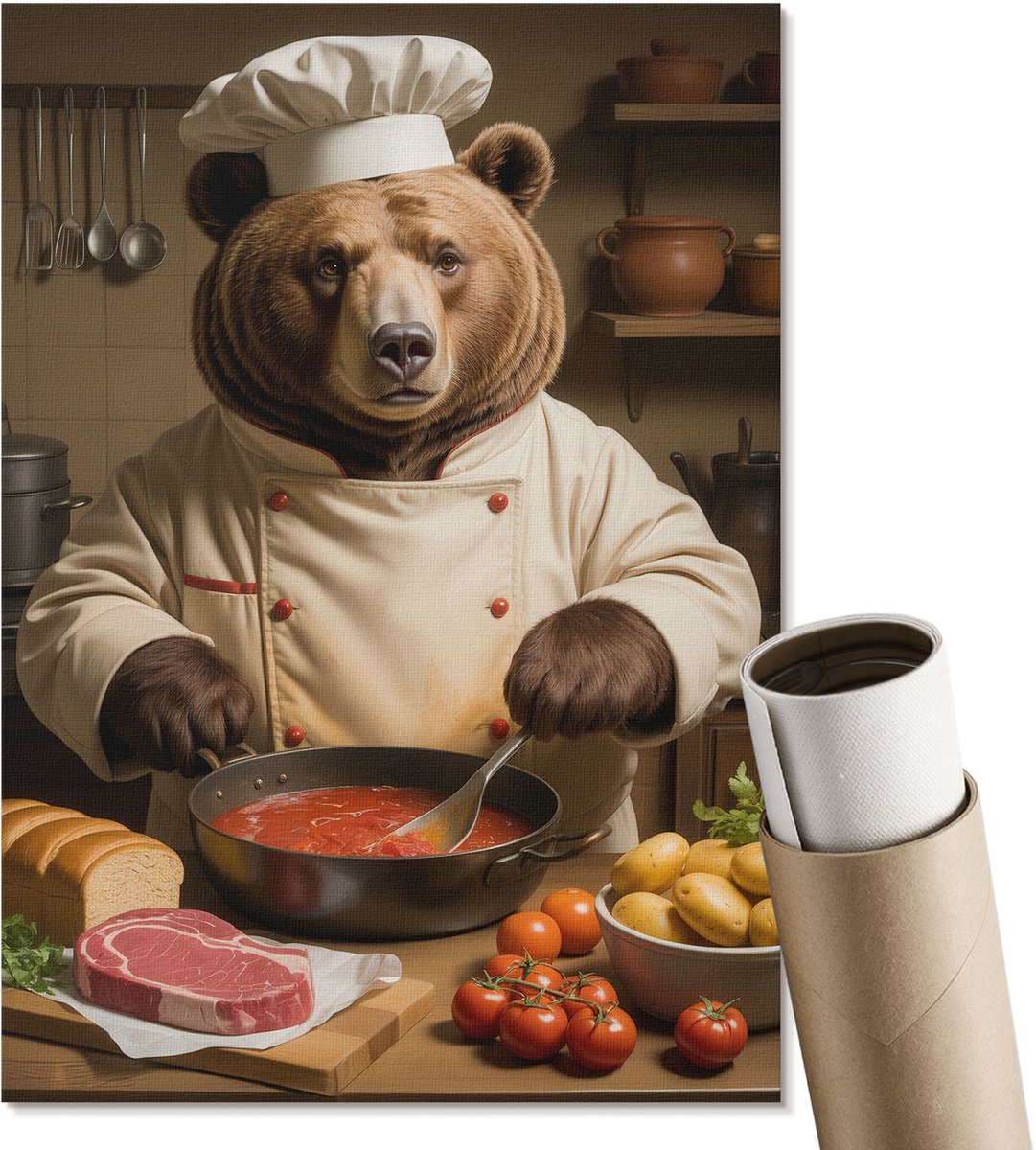 Coloray Polycanvas Wandposter - Bear Cook, Illustratie - A4 - Bruin Motief - Rechthoek - Canvasposter - Woonkamer, Slaapkamer, Kantoor - Humoristisch