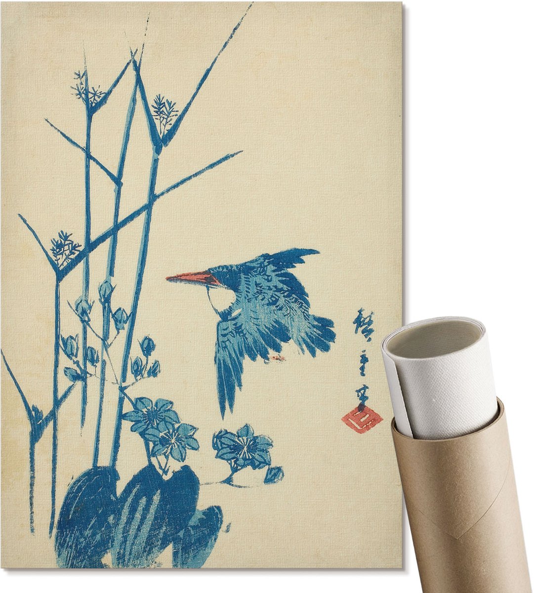 Coloray Polycanvas Wandposter - Ijsvogel En Plant, Schilderen - A4 - Blauw Wandposter - Rechthoek - Muurkunst - Woonkamer, Slaapkamer, Kantoor - Japanse
