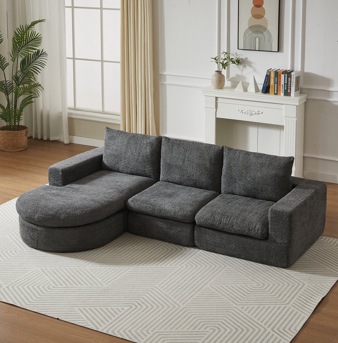 OKWISH Hoekbank 3-Zits – Modulaire L-Vorm Met Links Rechts Verwisselbare Chaise Longue – Voor Comfortabel Ontspannen In De Woonkamer – Stof – Grijs