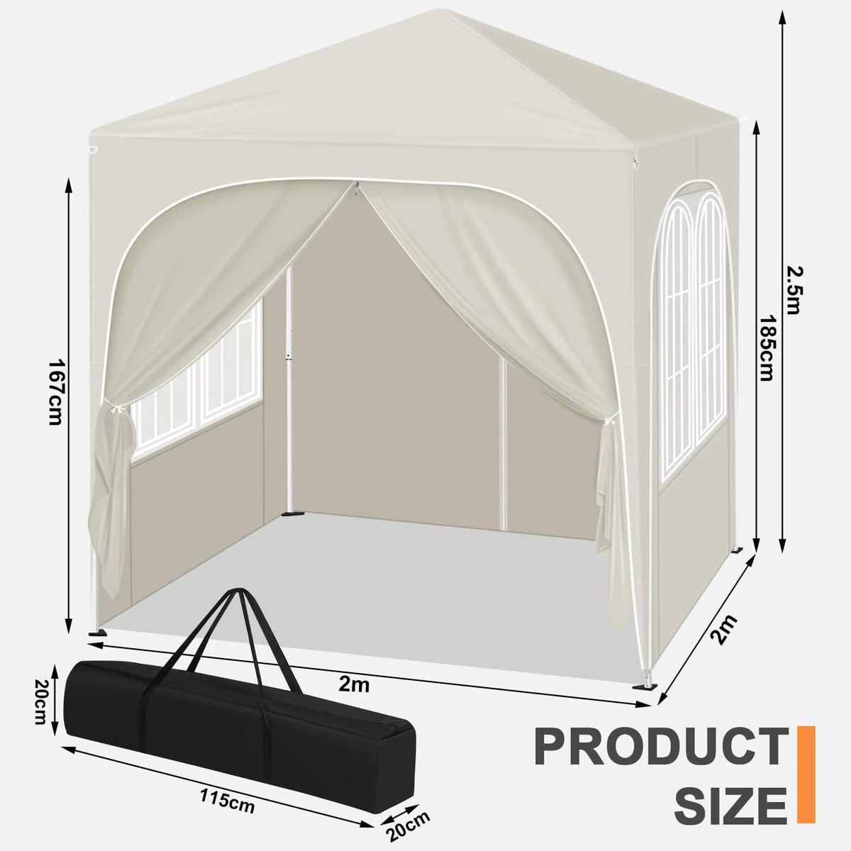 Klarven® Partytent Beige - Waterdicht met 4 zijwanden - UV-beschermd pop-up paviljoen voor tuin, camping en evenementen - B 200 x D 200 x H 232-240 cm