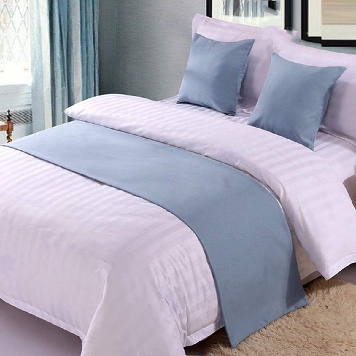 Bedloper Katoen Linnen - Bed Sjaal Sprei - Slaapkamer Decoratie - Fijne Naden Duurzaam - 50 x 260 cm - Blauw