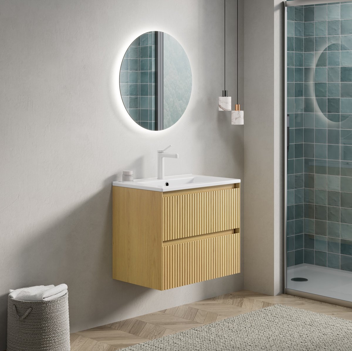 FloraGrace Badkamerkast - Wandgemonteerde Wastafel Met Keramische Wastafel En 2 Lades - Voor Moderne Badkamer - Golden Oak En Wit - 61 Cm