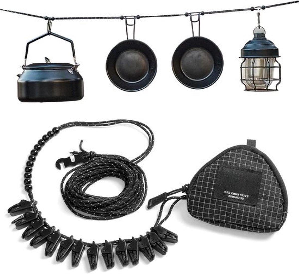 Waslijn voor op reis - Drogerecord Kampeerkabel - Kleding Drogen - Reflecterend koord - 1.0 Meter - Zwart
