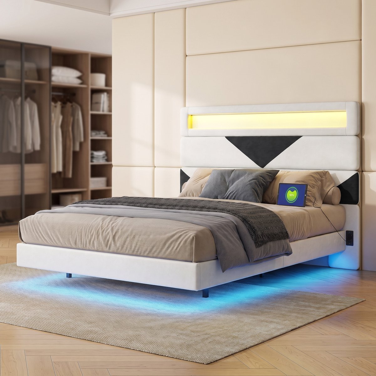 Tweepersoonsbed 160x200 cm, Lattenbodem, LED-Verlichting Hangend Bedframe met Verlichting, Geschikt voor Volwassenen, Meerdere Draagmogelijkheden, Stevig en Stabiel, Fluwelen Stof (Wit, 160 x 200 cm)