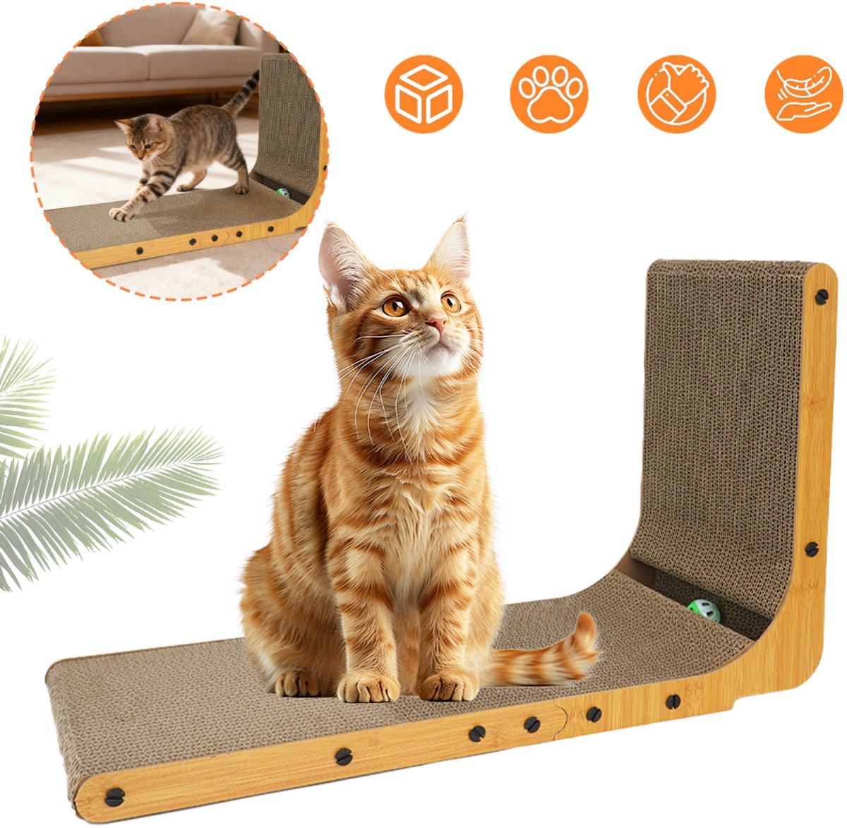 L-Vormige Krabplank Voor Katten Met Speelbal - 68x42cm, 3,8cm Dik Karton, Slijtvast, Eenvoudige Montage - Voor Binnenkatten