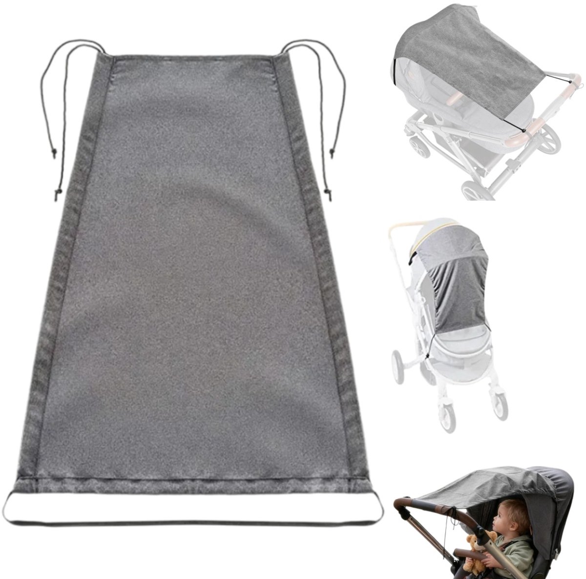 Zonnescherm voor kinderwagens – Zonbescherming voor babywiegje – Zonnekap voor reiswieg – Kinderwagenaccessoire – Opvouwbaar – Bevestiging met strikbandjes – Geschikt voor kinderwagens, reiswiegen (50 x 30 x 67 cm – Grijs)