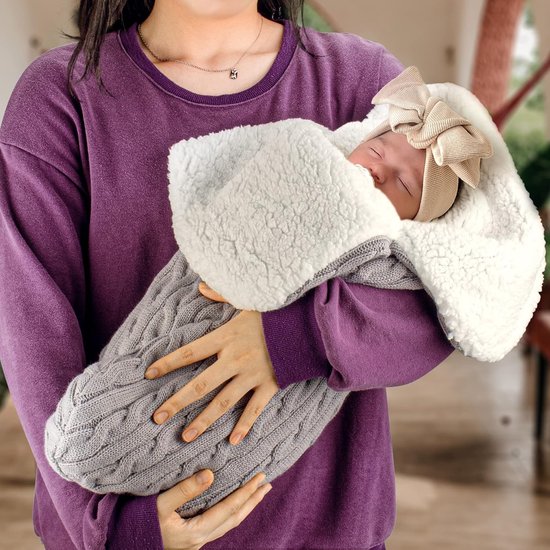 Inbakerdoek voor baby's, winter, 0-3-6 maanden, pasgeborenen, winterslaapzak, gebreide wikkeldeken, babyslaapzak met fleece voor jongens/meisjes (grijs) — afbeelding 2