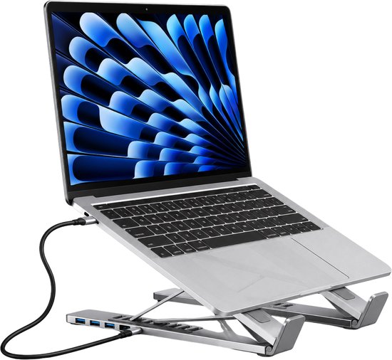 Verstelbare aluminium laptopstandaard met USB-C docking station, HDMI 4K poort en meerdere USB poorten.