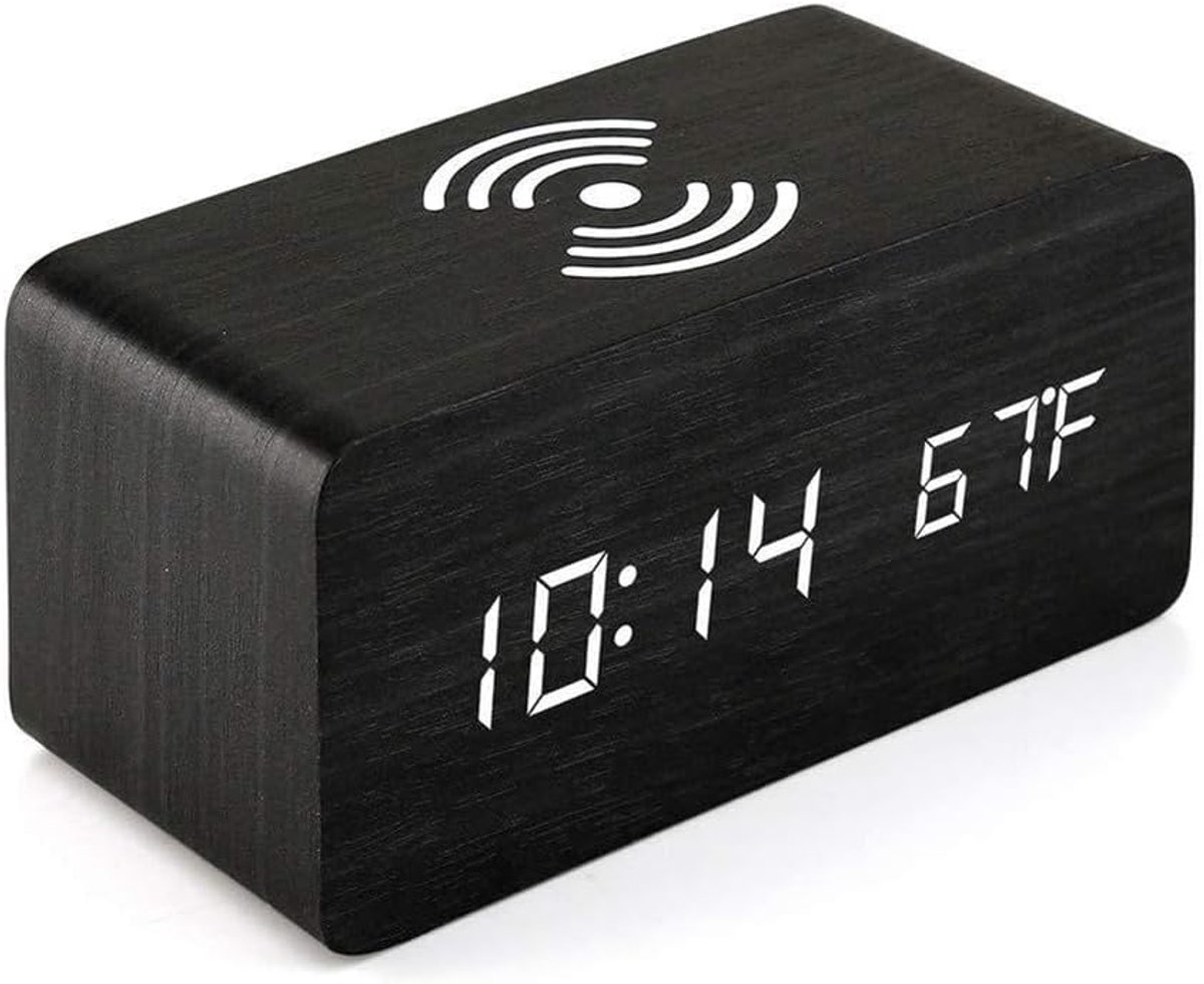 KZQ Digitale Houten Wekker Met Draadloos Opladen, Temperatuur En Datumweergave – Led Scherm, Usb En Batterij – Voor Slaapkamer, Woonkamer En Kantoor