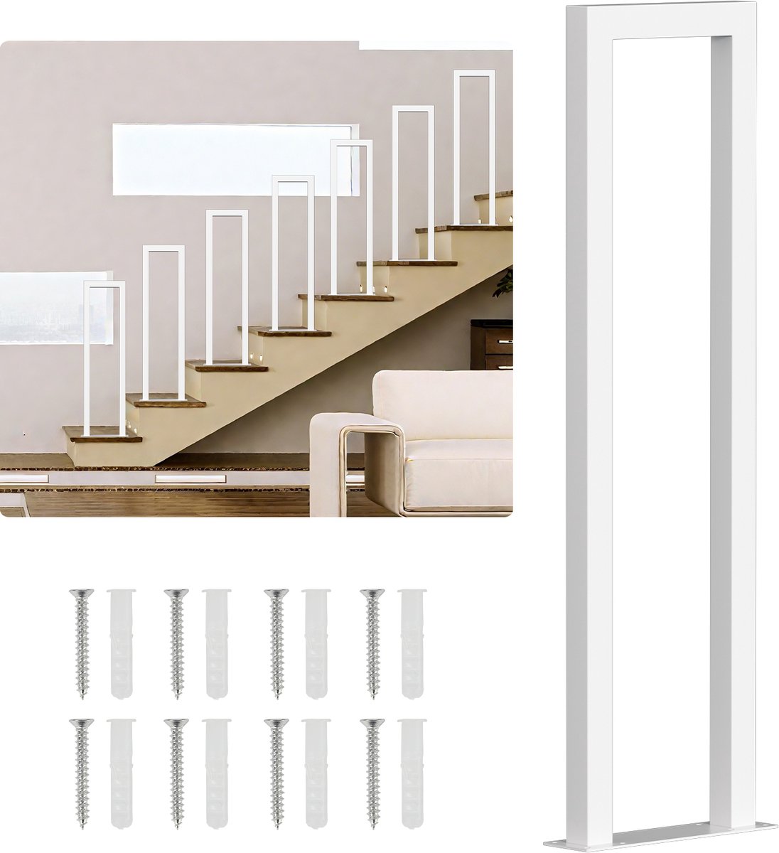 U-vormige trapleuning 65 cm wit – ijzeren leuning met vierkante buis, trede-montage, binnen en buiten, incl. afdekkappen