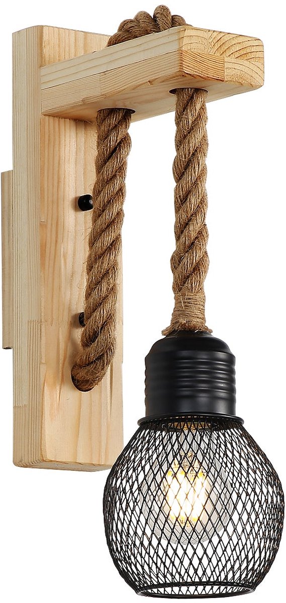 Riserva - Wandlamp - Retro - Zwart‑Hout IJzer‑Touw‑Hout - E27 Fitting Max 60W Zonder Lamp