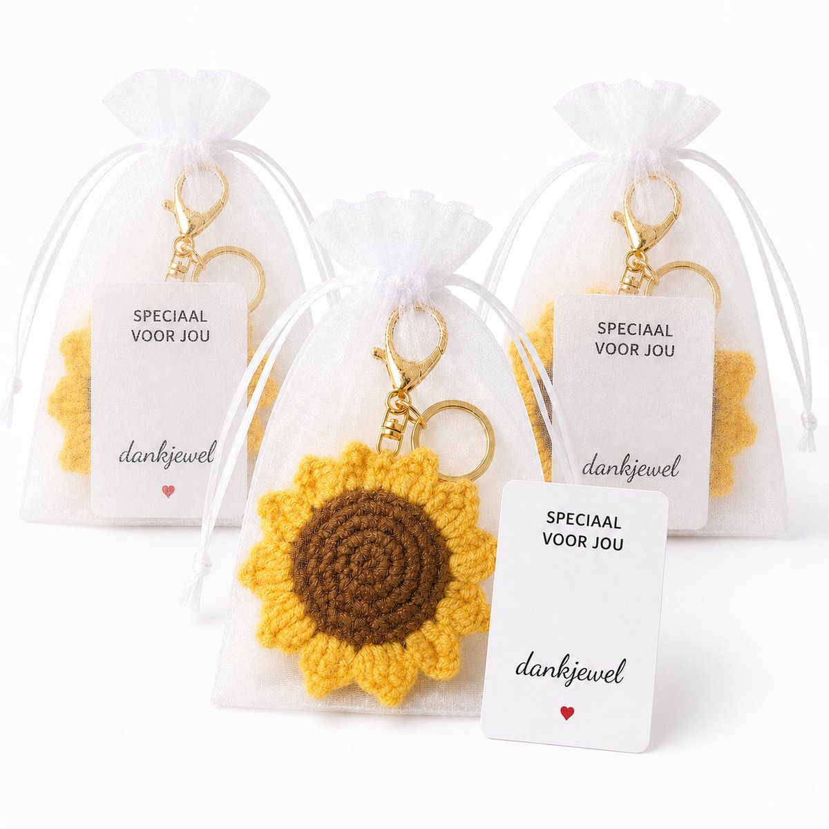 Bedankt Cadeautje 3 Stuks - Zonnebloem Sleutelhanger met Dankjewel Kaartje & Zakje - Bedankjes Juf & Collega - Kasey