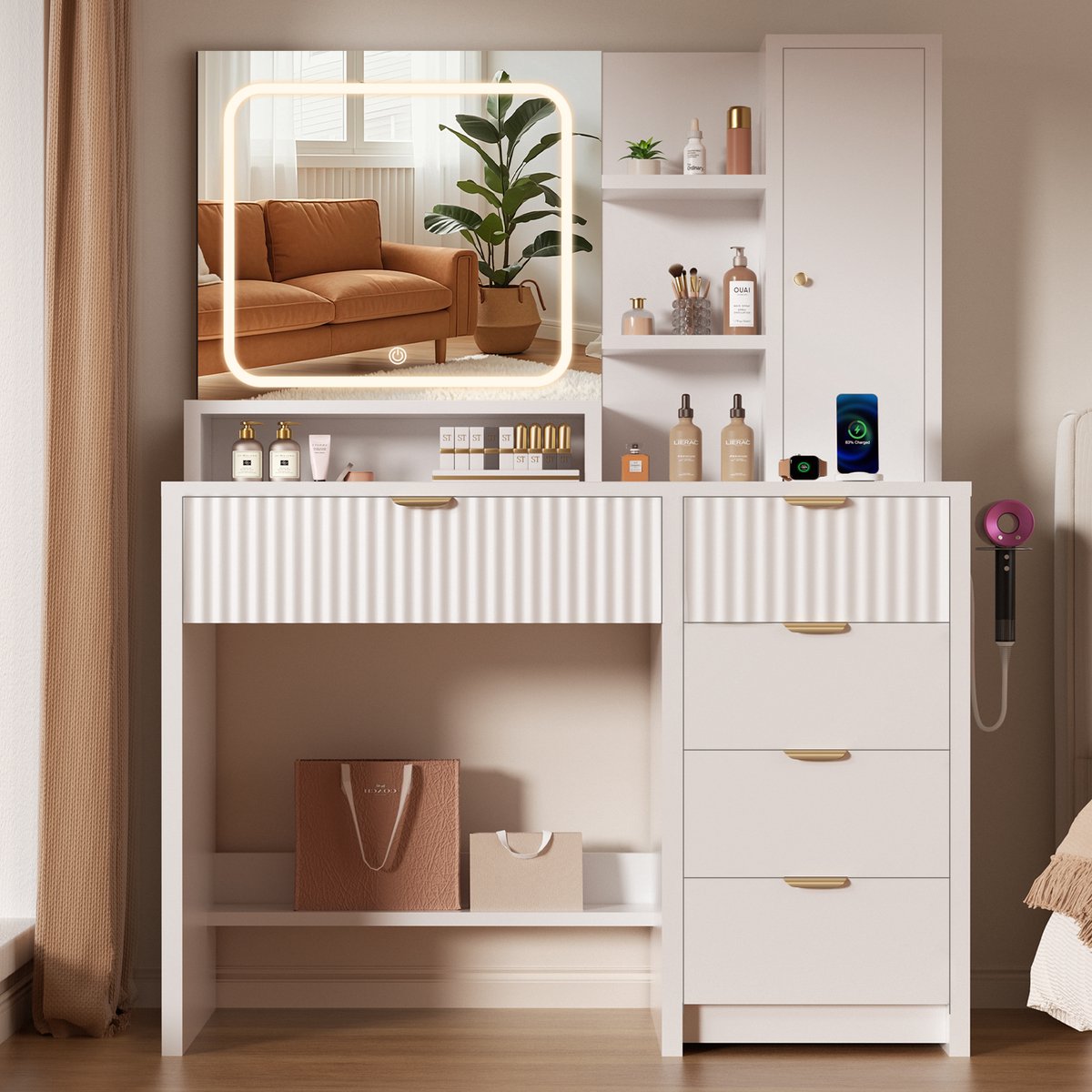 Lexzurn kaptafel met spiegel - 3 standen LED verlichting - 6 open vakken + 5 laden - föhnhook, stopcontacten & USB - 139x90x40 cm - wit - voor slaapkamer en kleedkamer