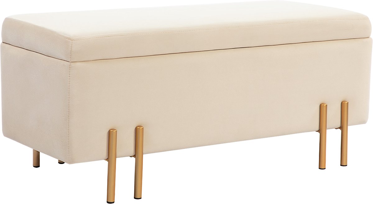Opbergbank, bedpunt, opbergdoos met gevoerde zitting en stalen poten, fluweel, 100 x 40 x 42 cm, beige en goud | Uiteinde van het bed, opbergkist, stalen poten, ingangsmeubel