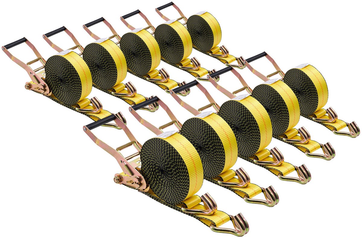 Spanbanden, 50,8 X 9144 mm, Stevige Riemen met Dubbele J-Haken, Breeksterkte van 4536 Kg, Ratelmechanisme voor Transport, Trailers, Motoren, Kajaks, Autodaken, Set van 10 Stuks